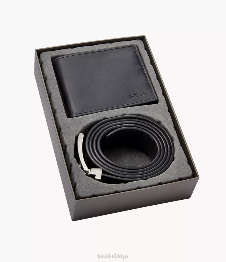 Fossil 6J042041 siyah derrick rfid katlanır kimlik ve kemer hediye seti ile aksesuar erkekler
