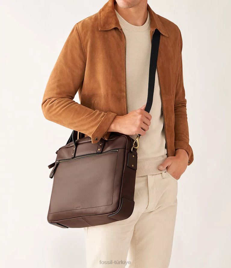 Fossil 6J041617 koyu kahverengi haskell çift fermuarlı iş çantası çanta erkekler