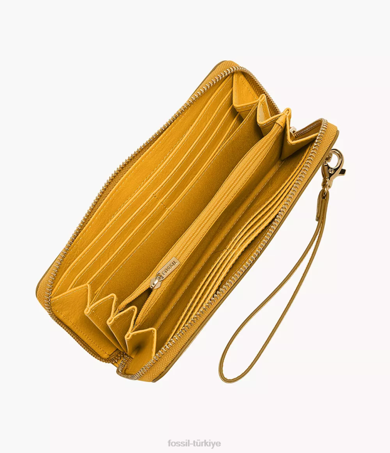 Fossil 6J04794 sarı Logan debriyajın etrafında fermuar cüzdan kadınlar