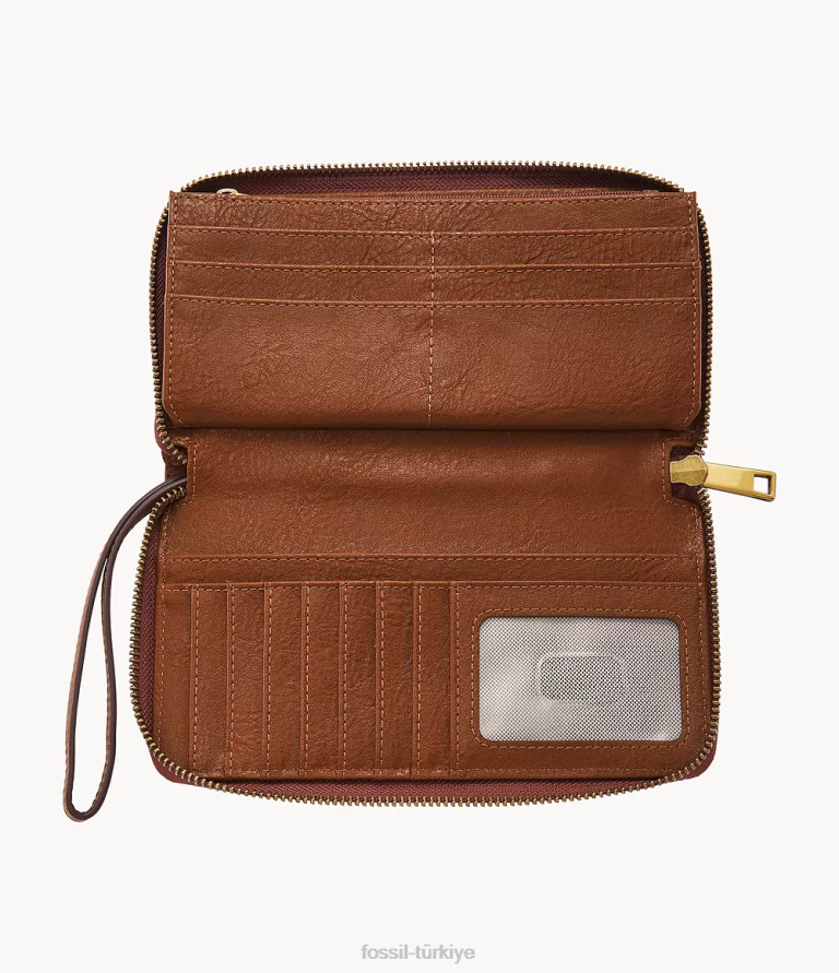 Fossil 6J04880 kahverengi liza debriyajın etrafında fermuar cüzdan kadınlar