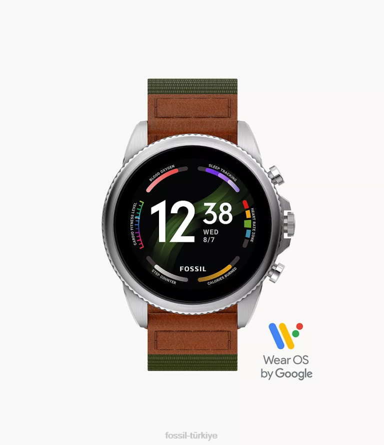 Fossil 6J041324 gümüş gen 6 smartwatch girişim sürümü zeytin kumaşı ve deri kol saati erkekler