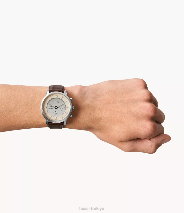 Fossil 6J041332 orta kahverengi nötr gen 6 hibrit akıllı saat deri kol saati erkekler