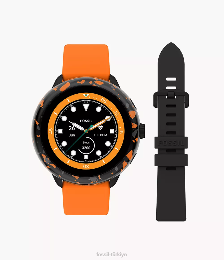 Fossil 6J041337 siyah gen 6 wellness edition akıllı saat turuncu silikon ve değiştirilebilir kayış ve tampon seti kol saati erkekler