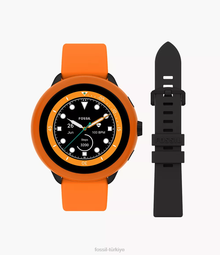 Fossil 6J041337 siyah gen 6 wellness edition akıllı saat turuncu silikon ve değiştirilebilir kayış ve tampon seti kol saati erkekler