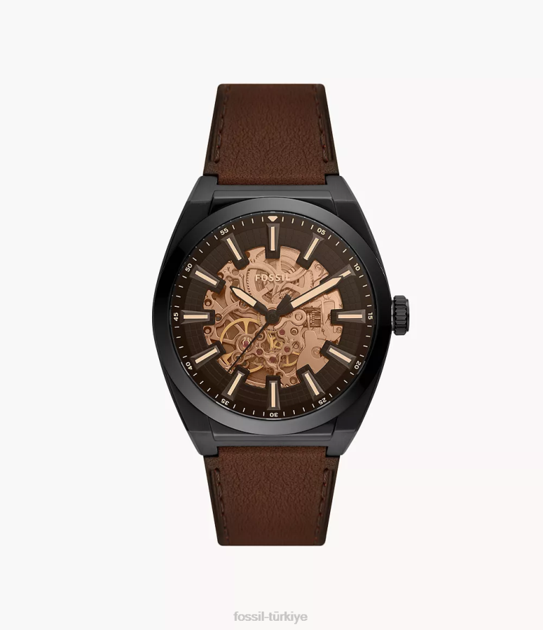 Fossil 6J041396 koyu kahverengi everett otomatik litehide deri saat kol saati erkekler