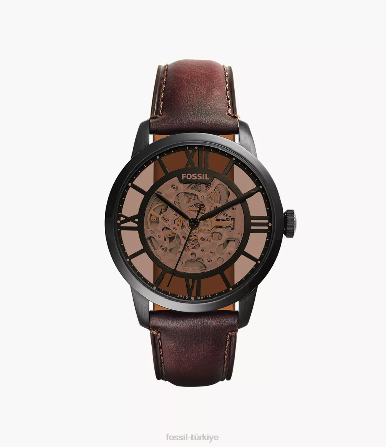 Fossil 6J041397 koyu kahverengi kasabalı otomatik deri saat kol saati erkekler