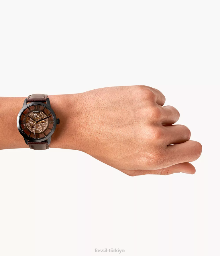 Fossil 6J041397 koyu kahverengi kasabalı otomatik deri saat kol saati erkekler