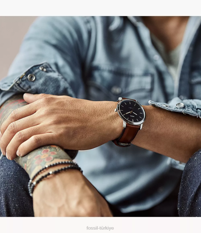 Fossil 6J041403 açık kahverengi minimalist ince üç ibreli deri saat kol saati erkekler