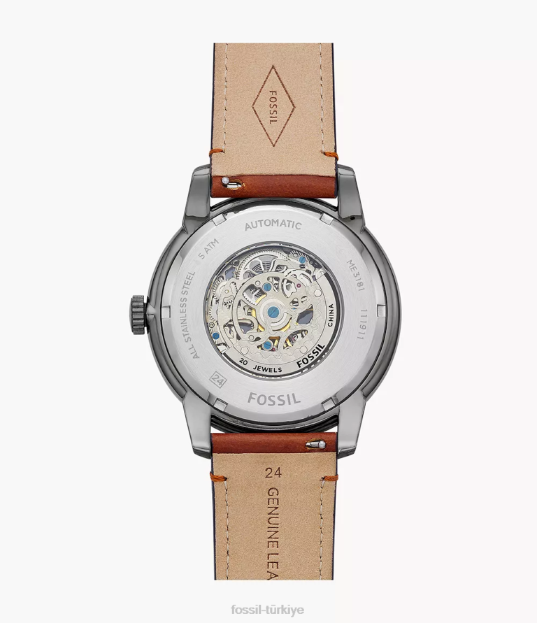 Fossil 6J041407 kehribar kasabalı 48mm otomatik deri saat kol saati erkekler