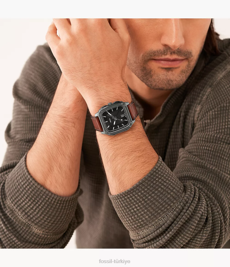 Fossil 6J041411 kehribar yazıtlı üç ibreli tarih litehide deri saat kol saati erkekler