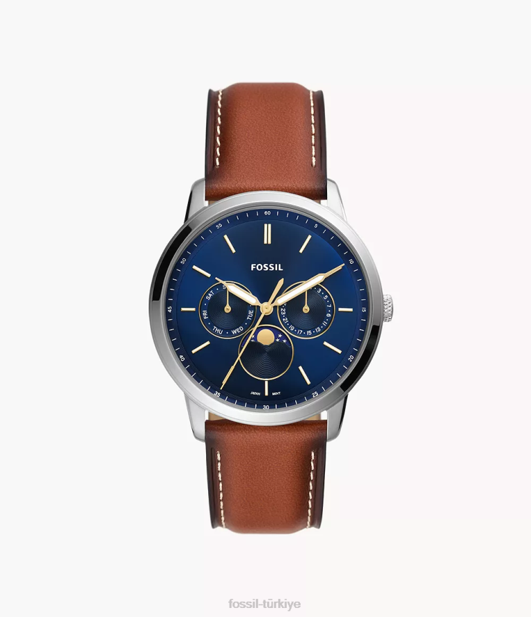 Fossil 6J041438 kahverengi nötr ay evresi çok işlevli lite deri saat kol saati erkekler