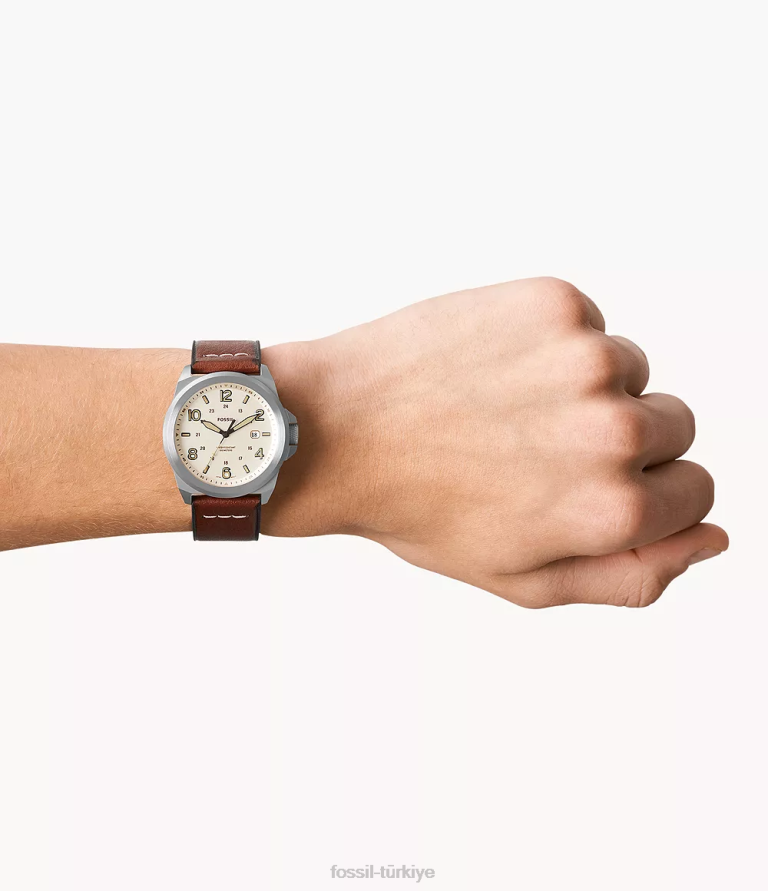 Fossil 6J041439 orta kahverengi bronson üç ibreli tarih litehide deri saat kol saati erkekler