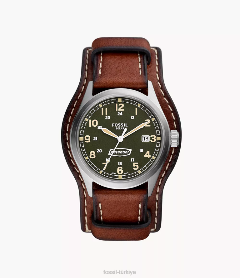 Fossil 6J041450 orta kahverengi Defender güneş enerjisiyle çalışan litehide deri saat kol saati erkekler