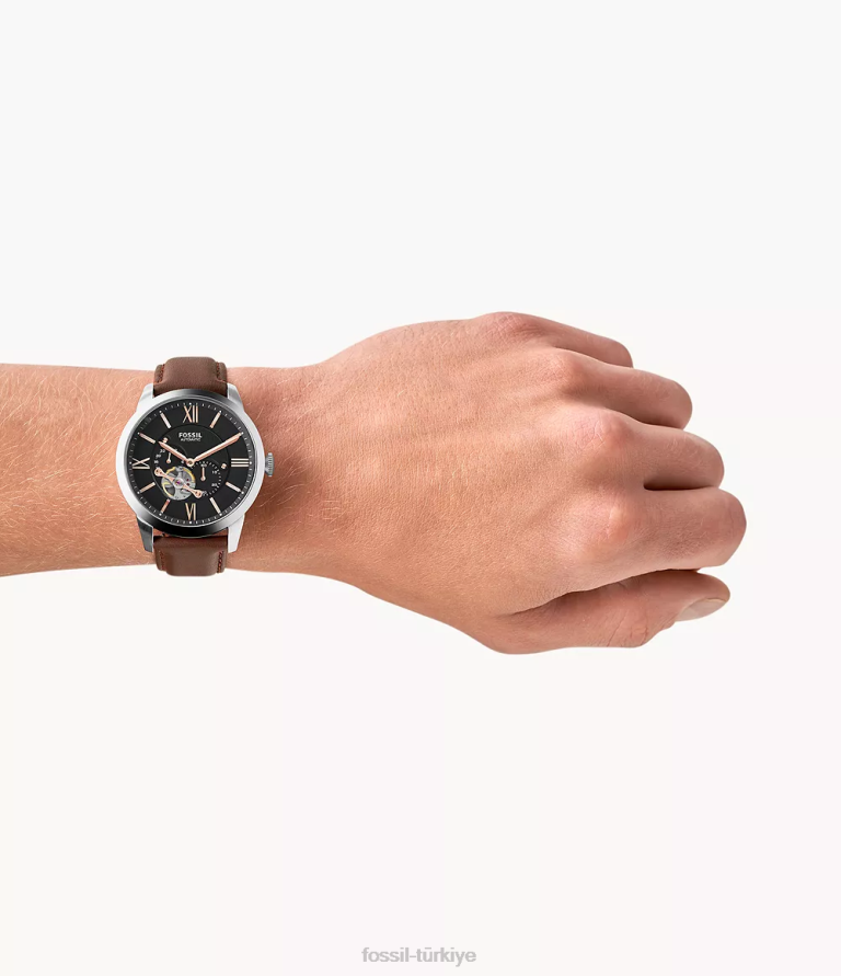 Fossil 6J041455 kahverengi kasabalı otomatik deri saat kol saati erkekler