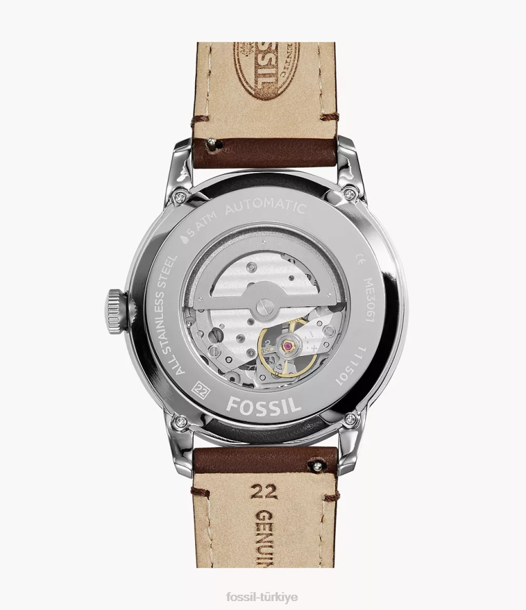 Fossil 6J041455 kahverengi kasabalı otomatik deri saat kol saati erkekler