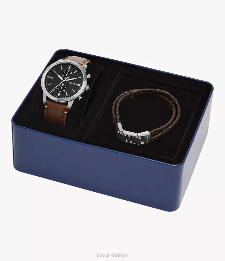 Fossil 6J041460 kahverengi Townsman kronograf litehide deri saat ve bilezik seti kol saati erkekler