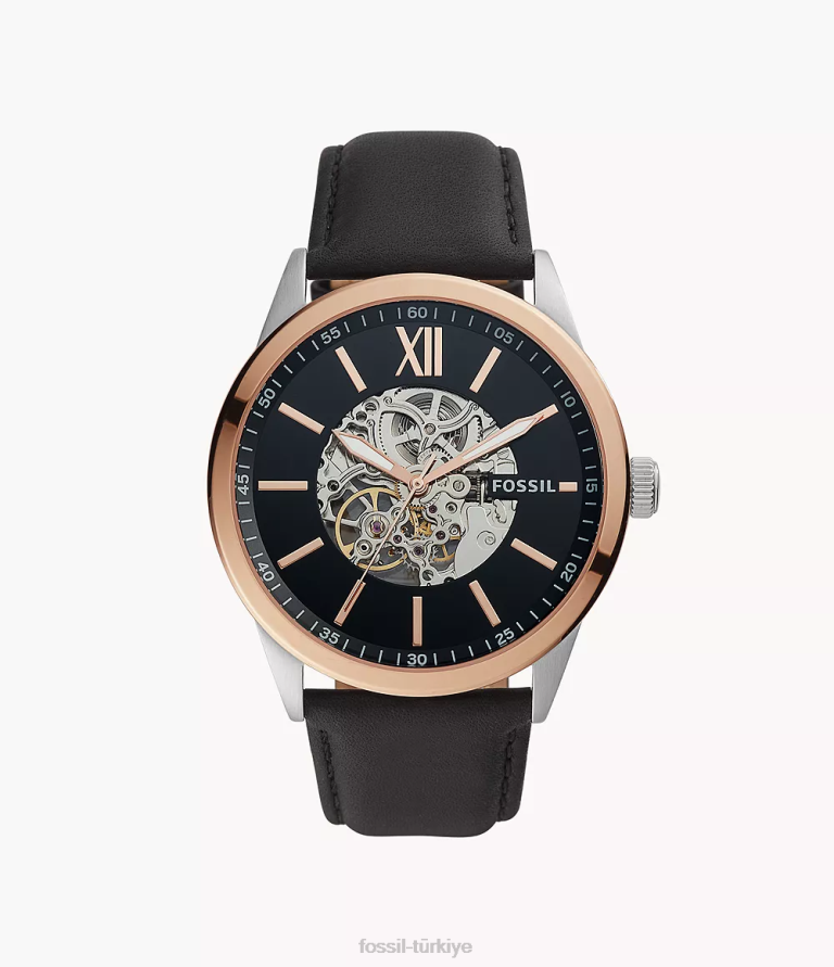 Fossil 6J041551 siyah 48mm flynn otomatik deri saat kol saati erkekler