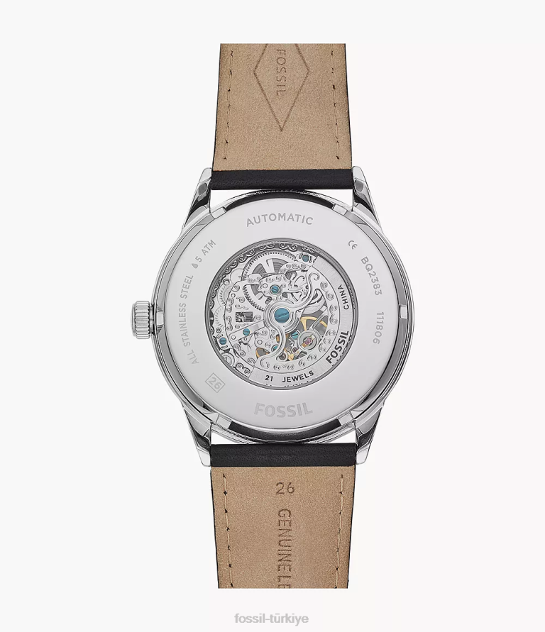 Fossil 6J041551 siyah 48mm flynn otomatik deri saat kol saati erkekler
