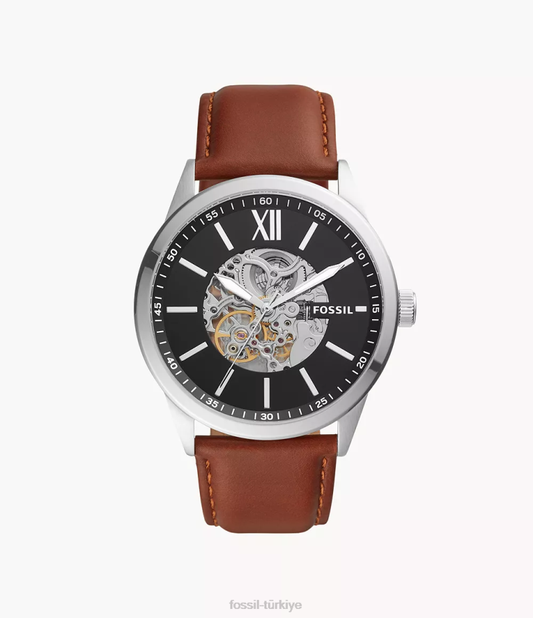 Fossil 6J041575 kahverengi 48mm flynn otomatik deri saat kol saati erkekler