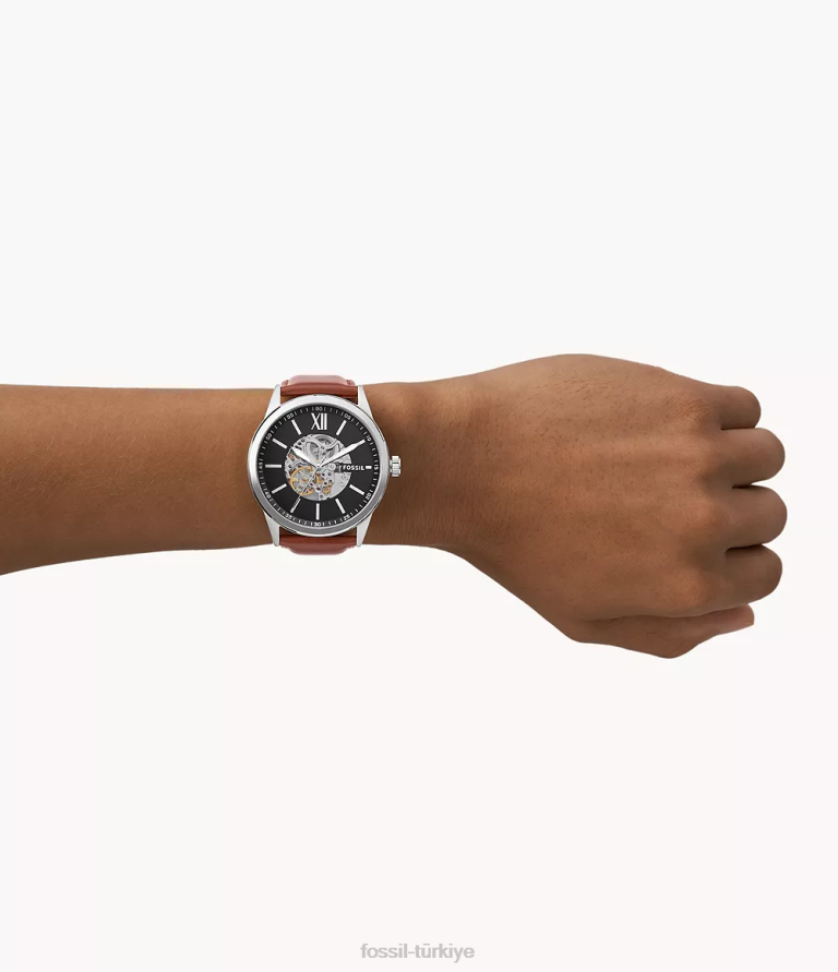 Fossil 6J041575 kahverengi 48mm flynn otomatik deri saat kol saati erkekler