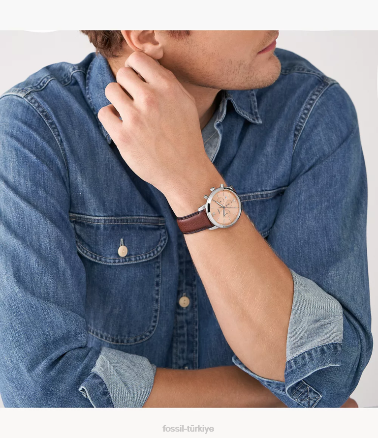 Fossil 6J041603 orta kahverengi nötr kronograf litehide deri saat kol saati erkekler