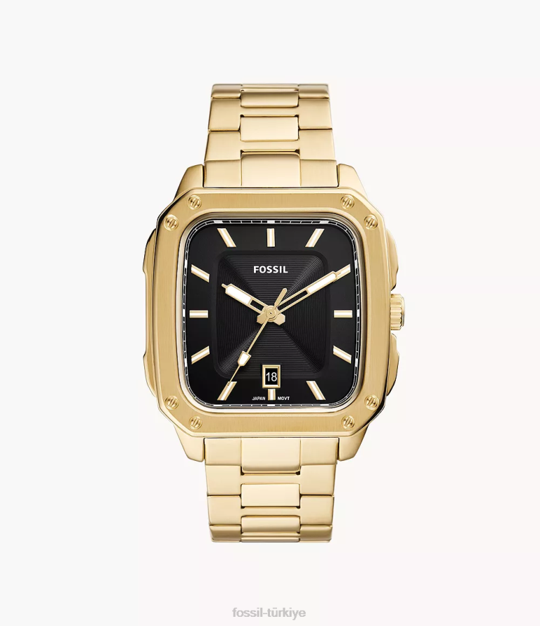 Fossil 6J041351 altın tonu yazıtlı üç ibreli tarih paslanmaz çelik saat kol saati erkekler