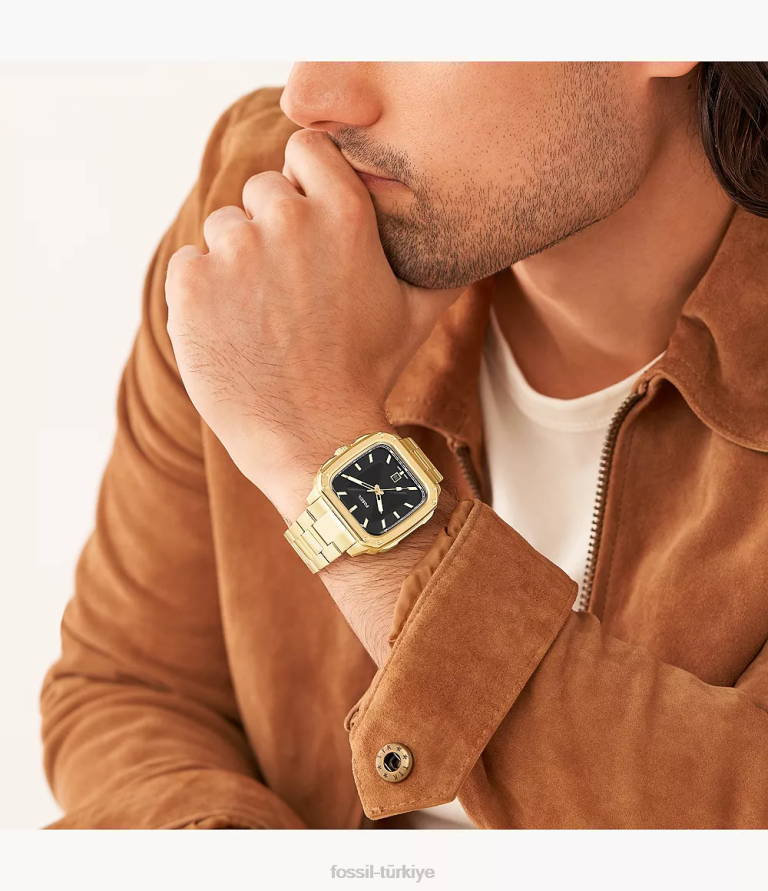 Fossil 6J041351 altın tonu yazıtlı üç ibreli tarih paslanmaz çelik saat kol saati erkekler