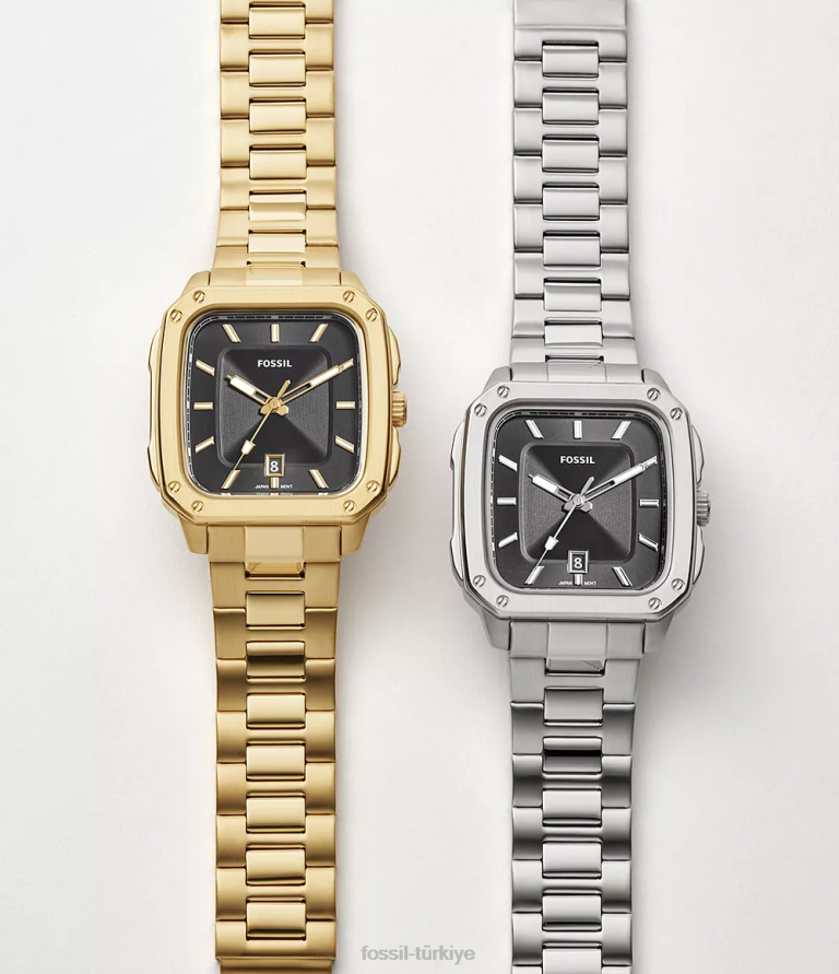 Fossil 6J041351 altın tonu yazıtlı üç ibreli tarih paslanmaz çelik saat kol saati erkekler