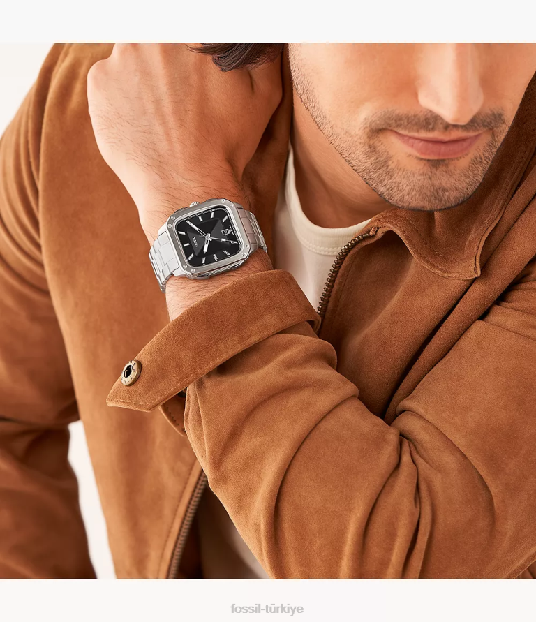 Fossil 6J041366 gümüş ton yazıtlı üç ibreli tarih paslanmaz çelik saat kol saati erkekler