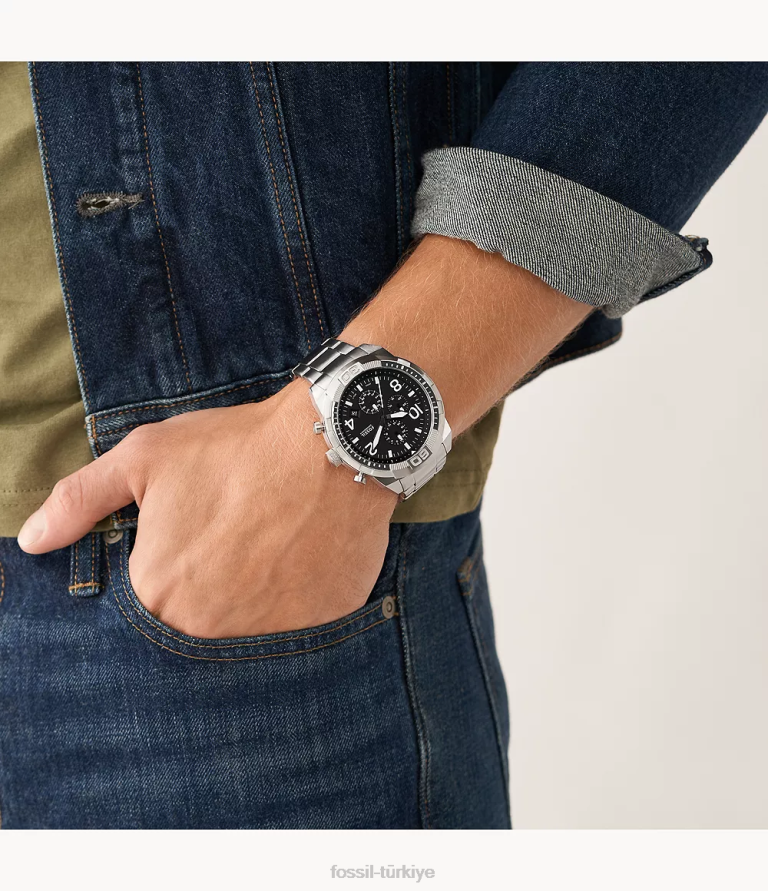 Fossil 6J041380 siyah bronson kronograf paslanmaz çelik saat ve değiştirilebilir kayış seti kol saati erkekler