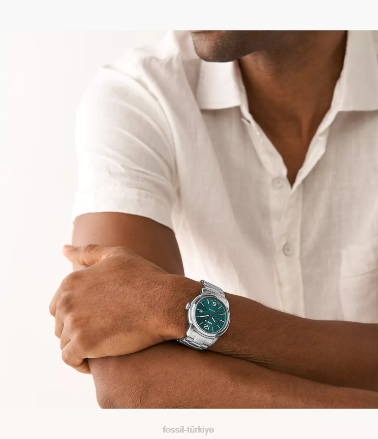 Fossil 6J041385 gümüş ton miras otomatik paslanmaz çelik saat kol saati erkekler