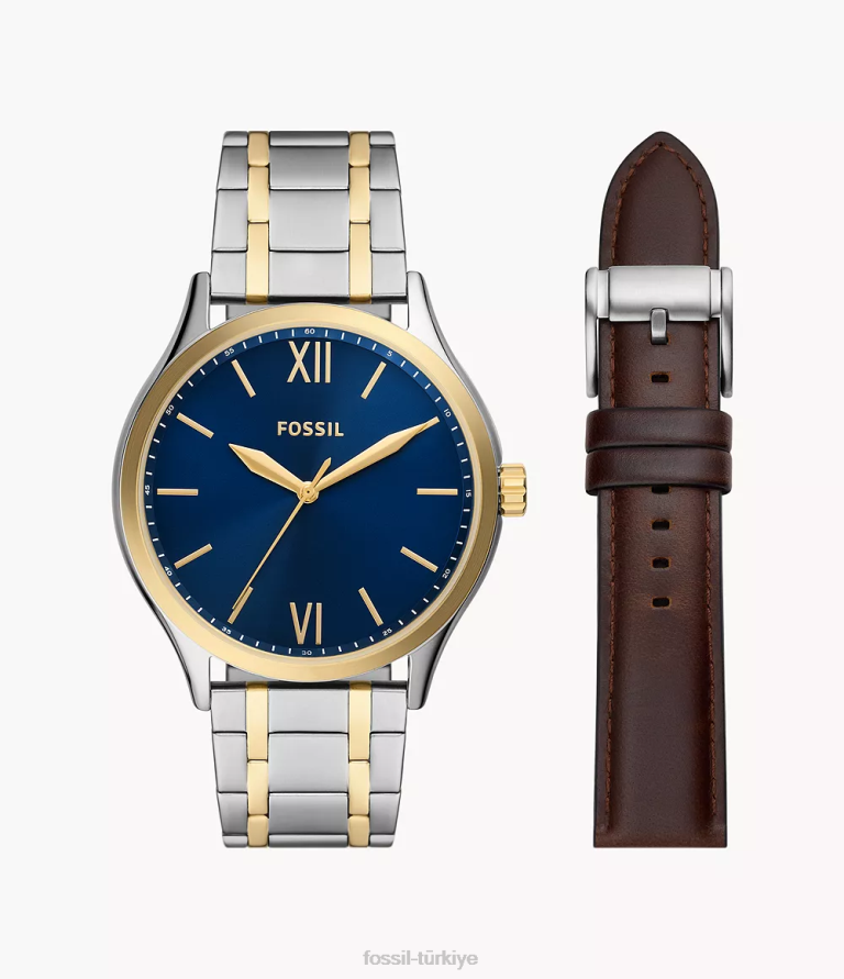 Fossil 6J041519 iki ton fenmore üç ibreli paslanmaz çelik saat ve kayış kutusu seti kol saati erkekler