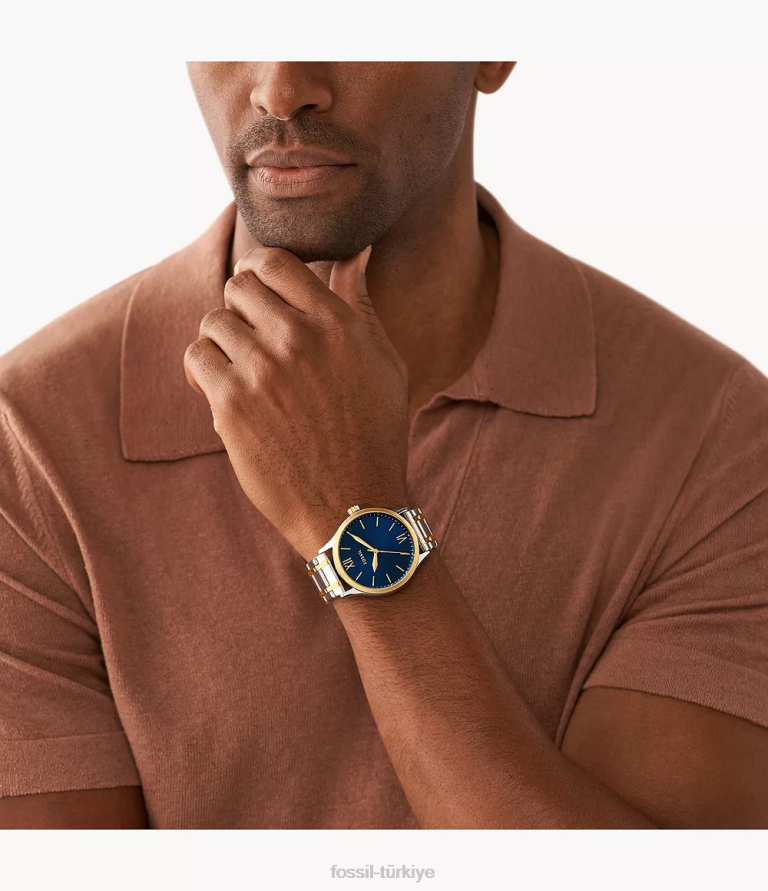 Fossil 6J041519 iki ton fenmore üç ibreli paslanmaz çelik saat ve kayış kutusu seti kol saati erkekler