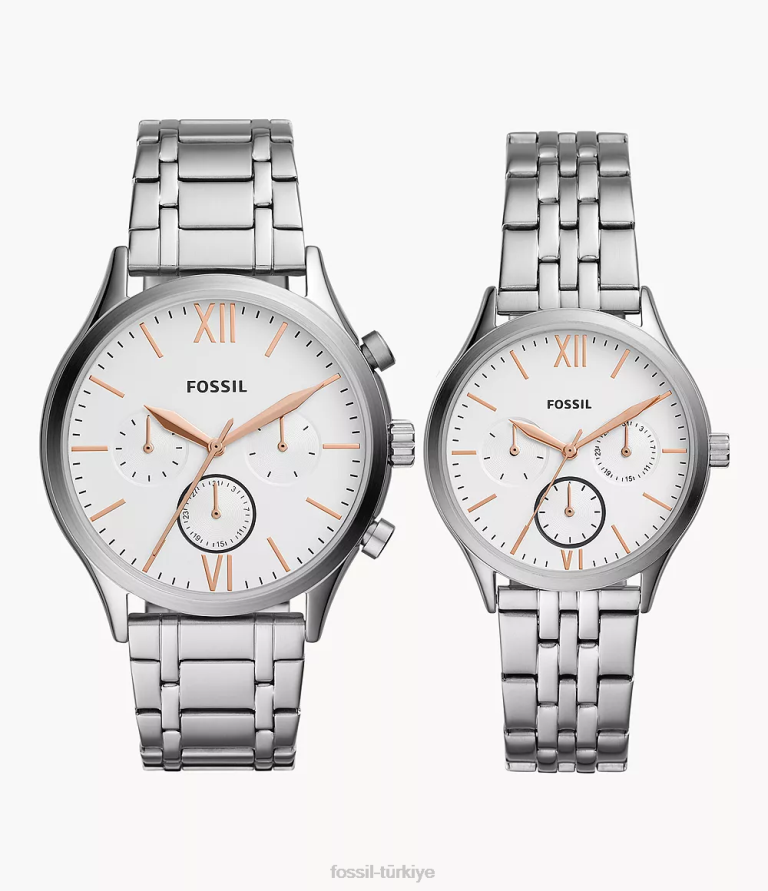 Fossil 6J041565 gümüş onun ve onun fenmore çok fonksiyonlu paslanmaz çelik saat hediye seti kol saati erkekler
