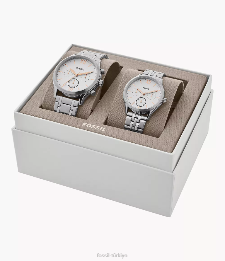 Fossil 6J041565 gümüş onun ve onun fenmore çok fonksiyonlu paslanmaz çelik saat hediye seti kol saati erkekler