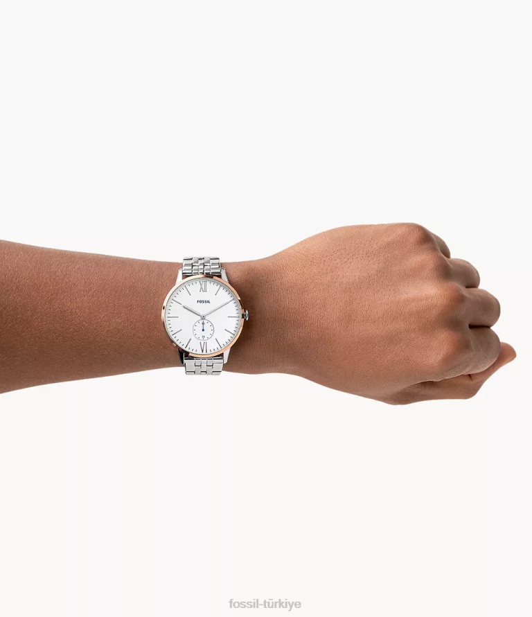 Fossil 6J041568 gümüş onun ve onun üç kollu paslanmaz çelik saat kutusu seti kol saati erkekler