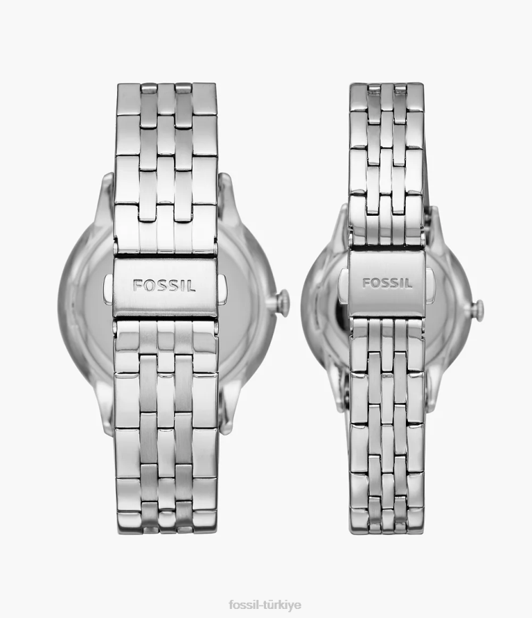 Fossil 6J041568 gümüş onun ve onun üç kollu paslanmaz çelik saat kutusu seti kol saati erkekler