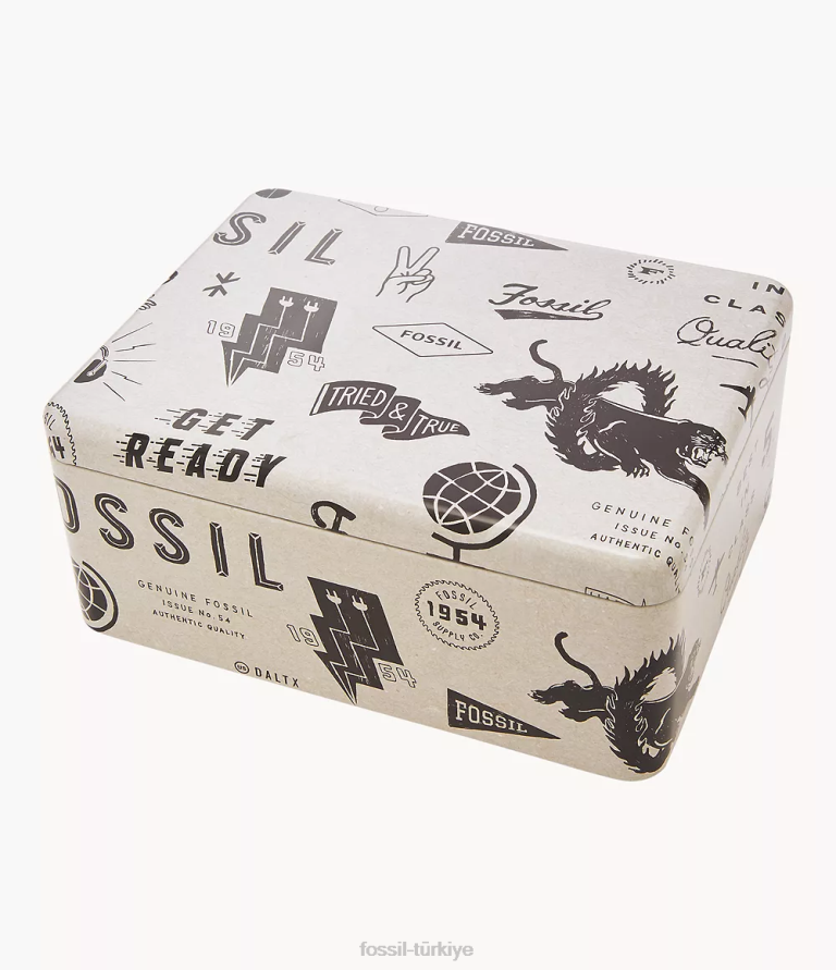 Fossil 6J041568 gümüş onun ve onun üç kollu paslanmaz çelik saat kutusu seti kol saati erkekler