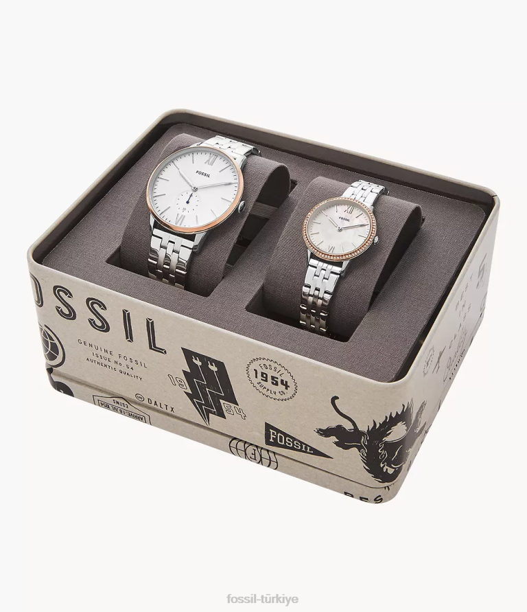 Fossil 6J041568 gümüş onun ve onun üç kollu paslanmaz çelik saat kutusu seti kol saati erkekler