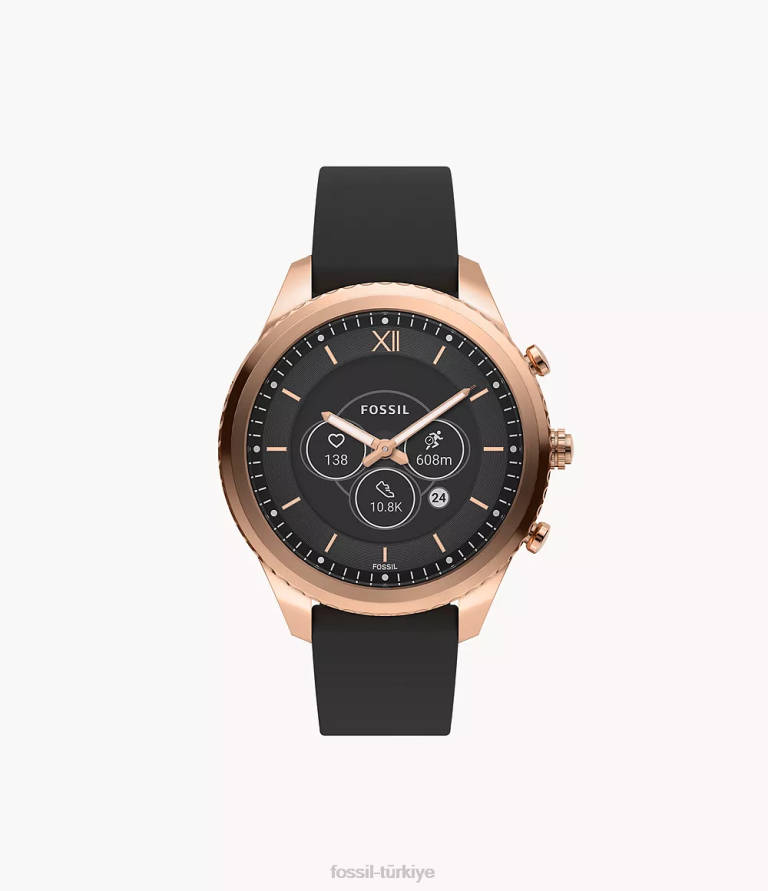 Fossil 6J0418 siyah Stella gen 6 hibrit akıllı saat deri kol saati kadınlar