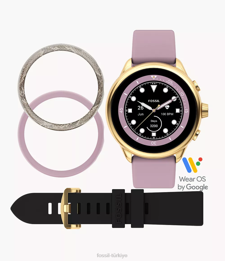 Fossil 6J0420 altın gen 6 wellness edition akıllı saat lila silikonu ve değiştirilebilir kayış ve tampon seti kol saati kadınlar