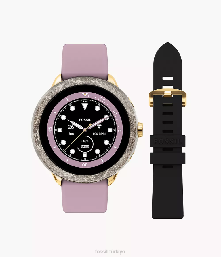 Fossil 6J0420 altın gen 6 wellness edition akıllı saat lila silikonu ve değiştirilebilir kayış ve tampon seti kol saati kadınlar
