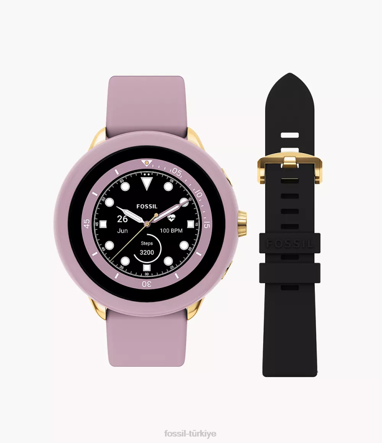 Fossil 6J0420 altın gen 6 wellness edition akıllı saat lila silikonu ve değiştirilebilir kayış ve tampon seti kol saati kadınlar