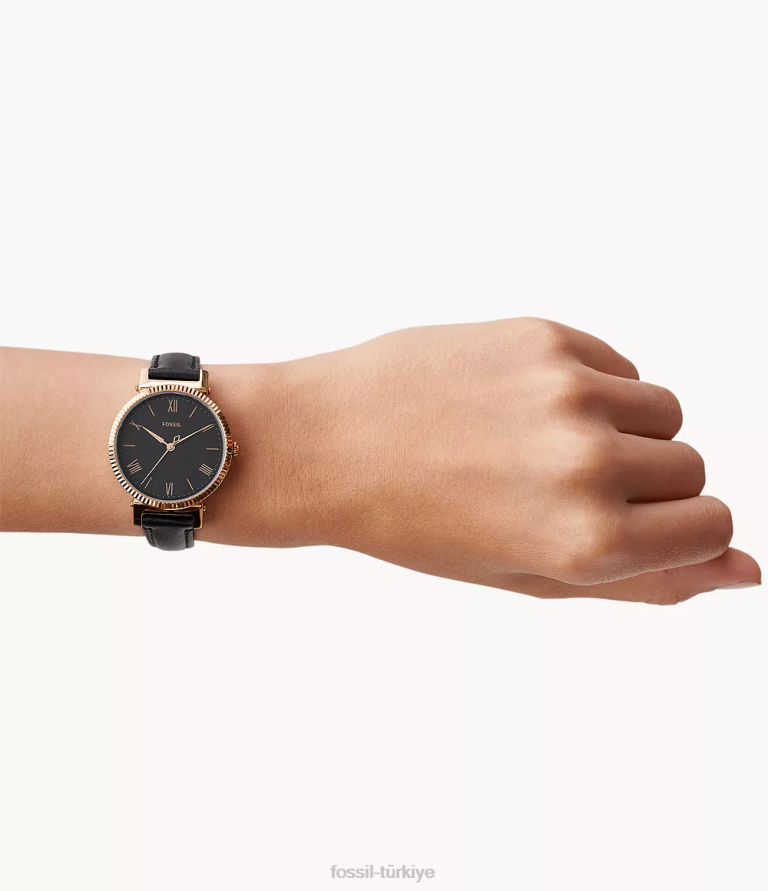 Fossil 6J0494 siyah papatya üç ibreli deri saat kol saati kadınlar