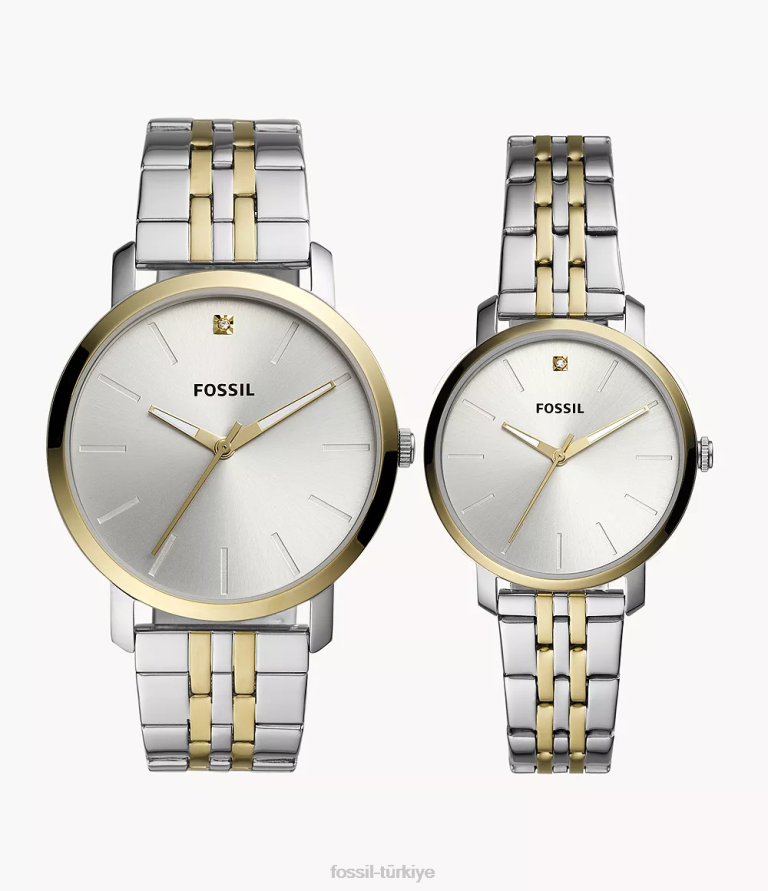 Fossil 6J04178 iki ton onun ve onun lux luther üç ibreli paslanmaz çelik saat hediye seti kol saati kadınlar