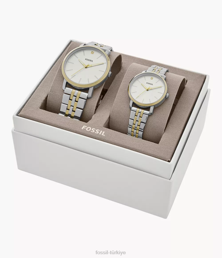 Fossil 6J04178 iki ton onun ve onun lux luther üç ibreli paslanmaz çelik saat hediye seti kol saati kadınlar