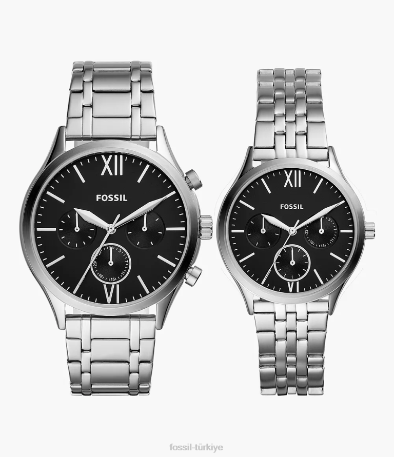Fossil 6J04187 gümüş onun ve onun fenmore çok fonksiyonlu paslanmaz çelik saat hediye seti kol saati kadınlar