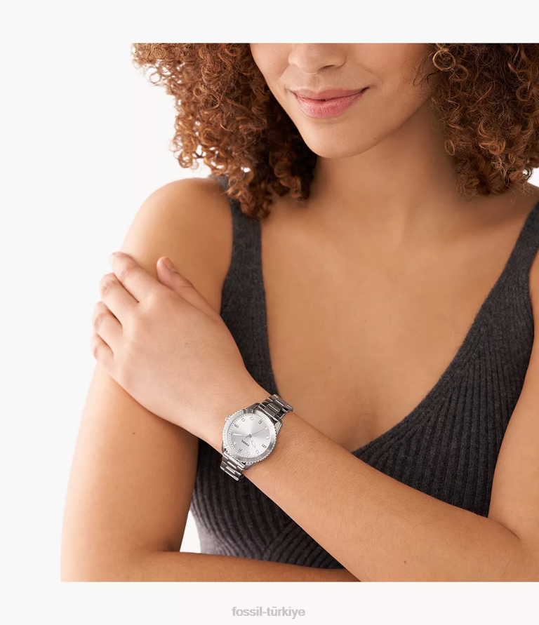 Fossil 6J04205 gümüş ton dayle üç ibreli paslanmaz çelik saat kol saati kadınlar