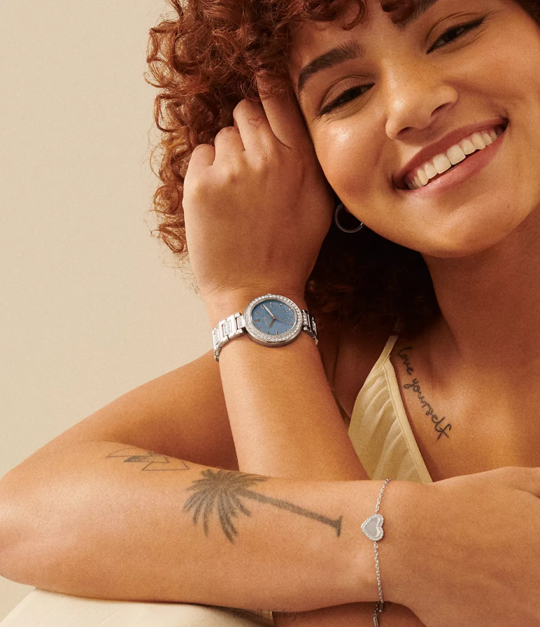 Fossil 6J04206 gümüş ton karli üç ibreli paslanmaz çelik saat kol saati kadınlar