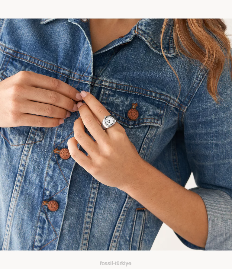 Fossil 6J0421 gümüş ton saat halkası iki ibreli paslanmaz çelik izle yüzüğü kadınlar